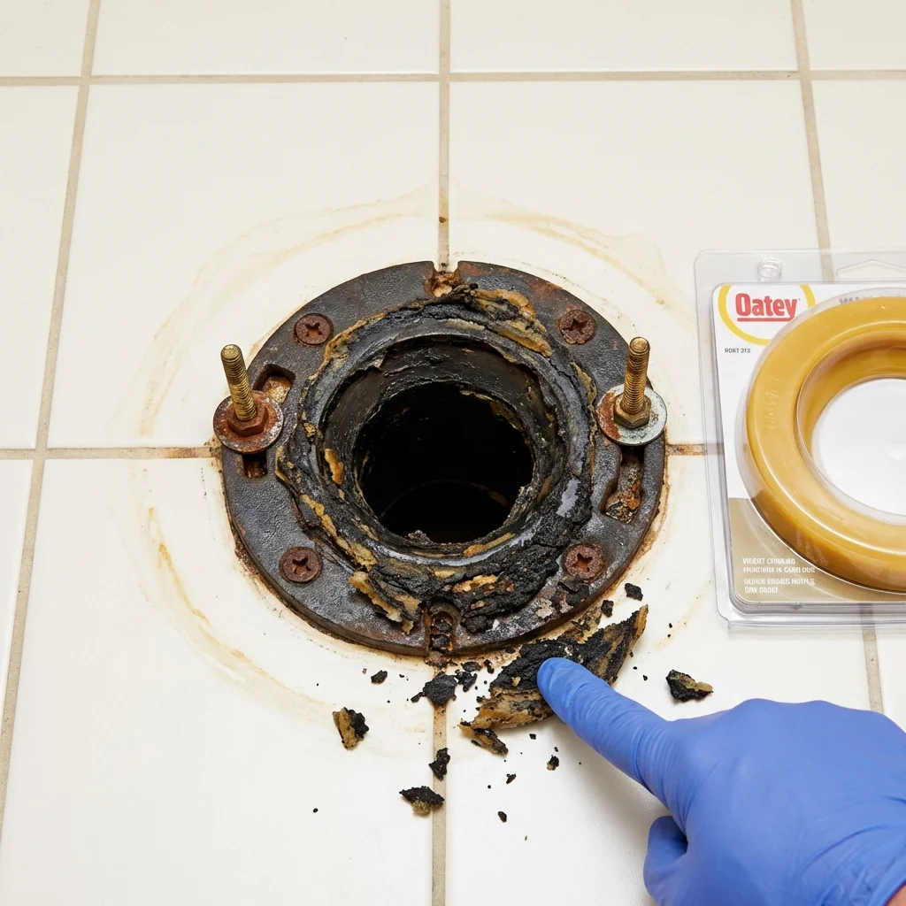 Failed wax ring showing water seepage at the base of a toilet in a Newton, IL home