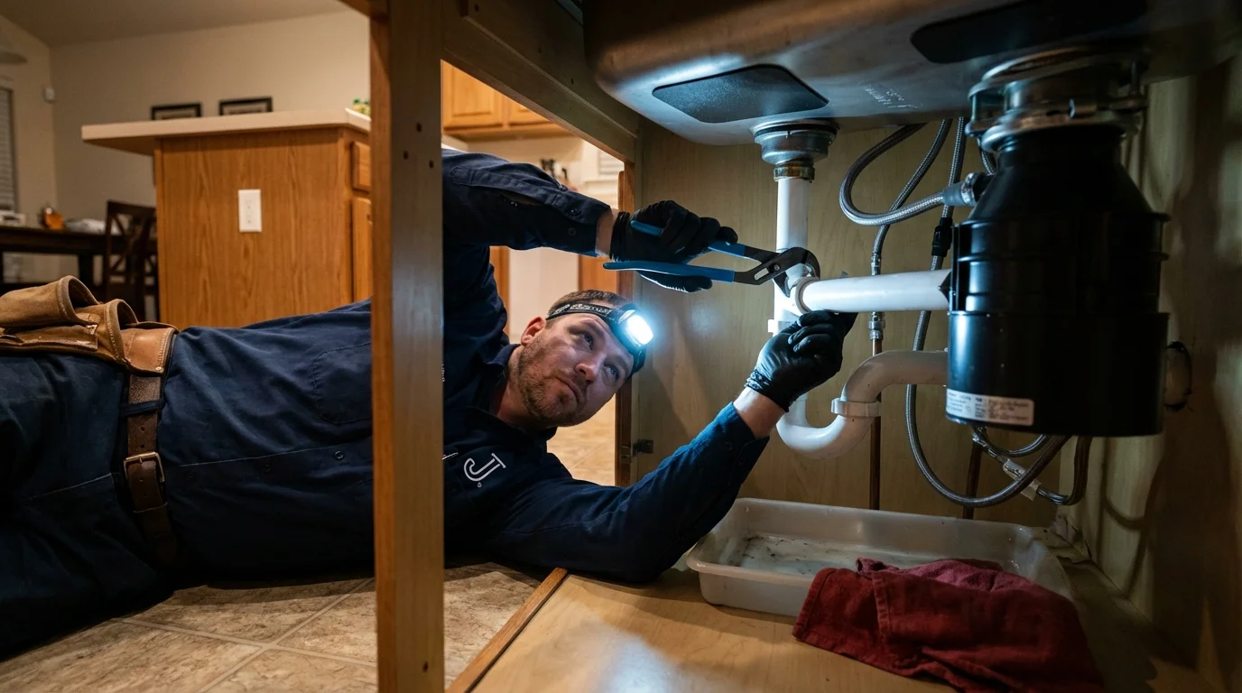 P-trap and supply line connections under a kitchen sink showing a common leak point in Newton, IL